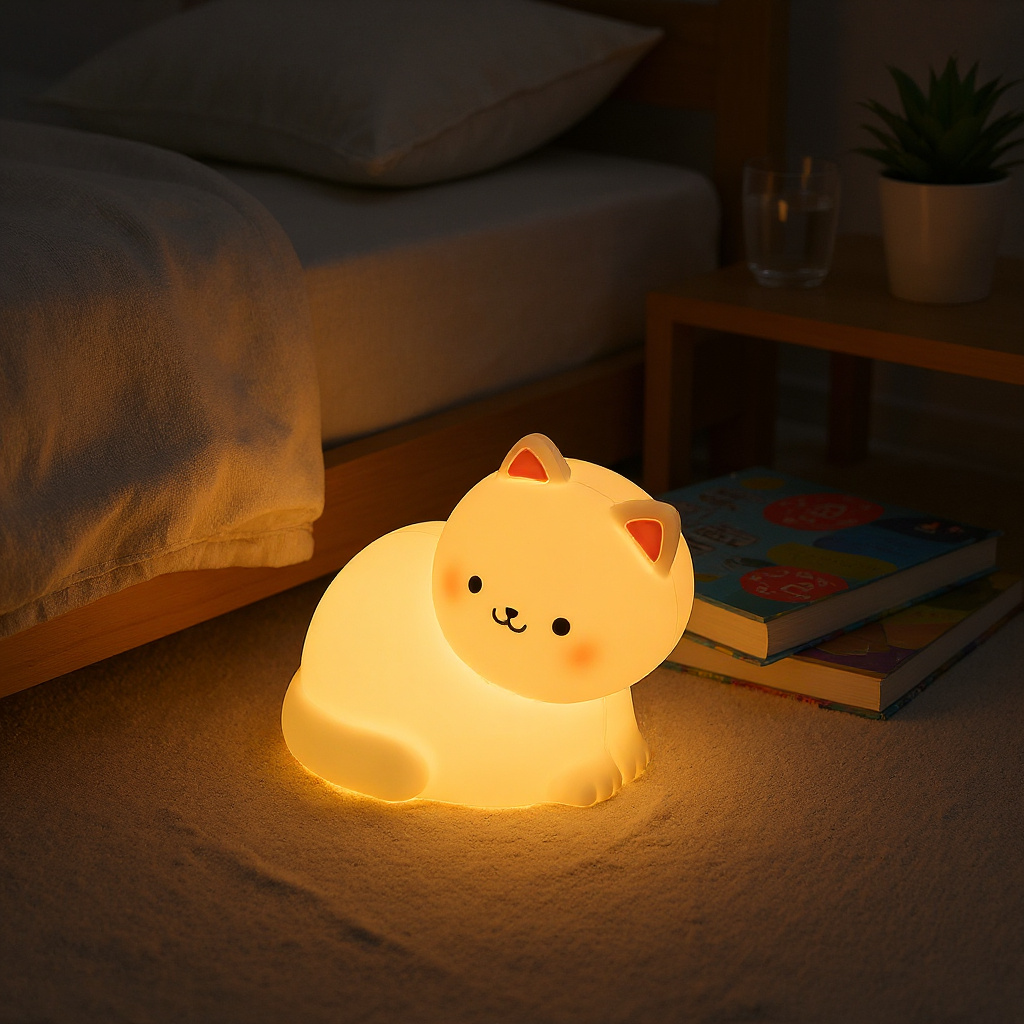 Satsus® White Kitten Squishy Silicone Animal Night Light Soft Glow Perfect Gift