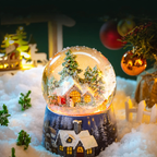 Musical snow globe music box with snow hut