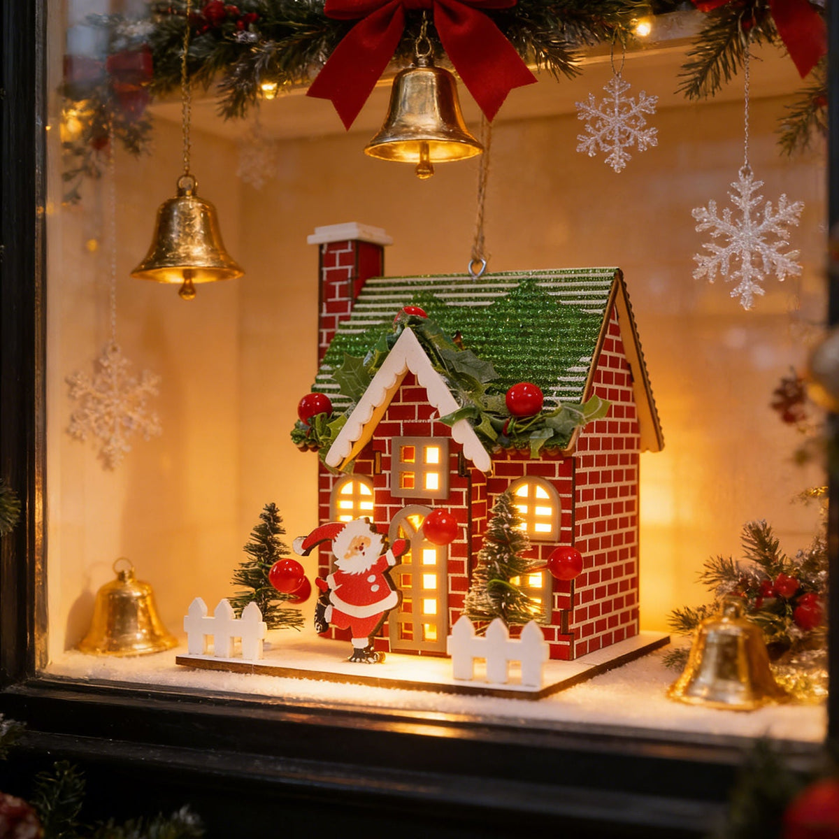 Decorative wooden Christmas house as hanging decoration or display piece