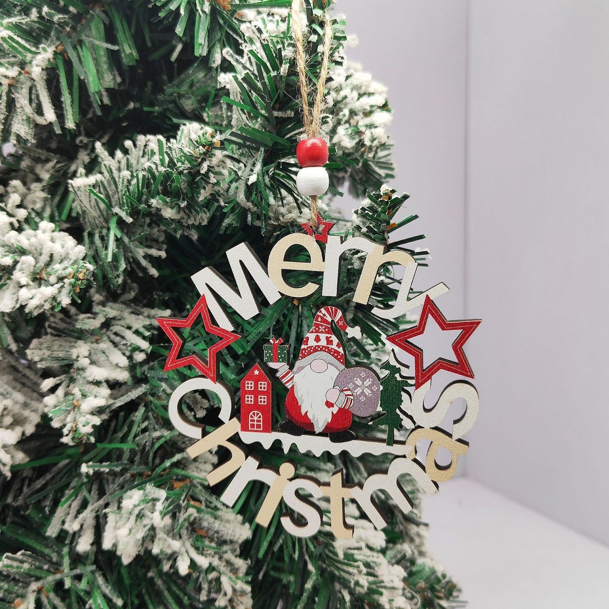 Decorative gnome wooden pendant with Christmas motifs