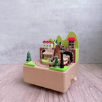 Manual music box made of beech wood with forest train motif