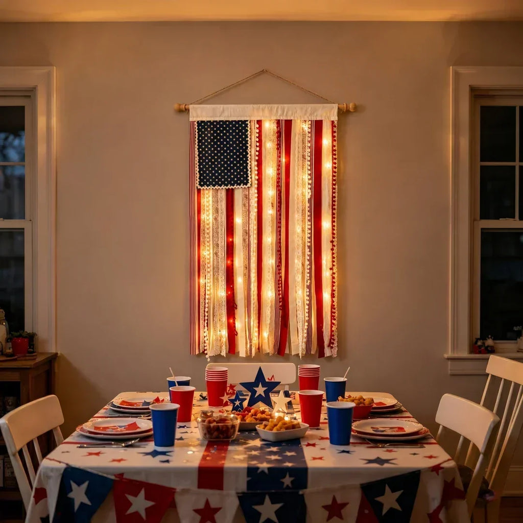 4 x 2.3 Ft Lighted Rag American Flag Banner -  USA 250th Celebration