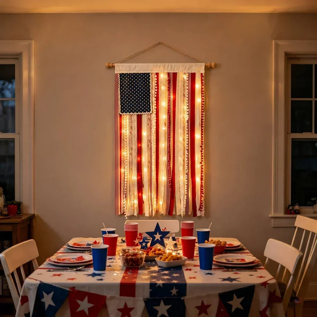 4 x 2.3 Ft Lighted Rag American Flag Banner -  USA 250th Celebration