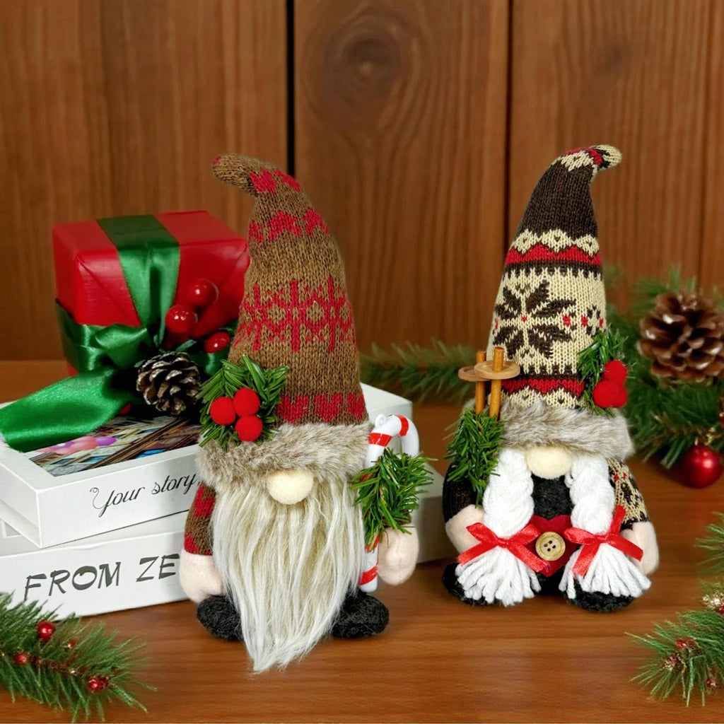 Christmas Elf Figurine with Knit Hat and Pine Branch