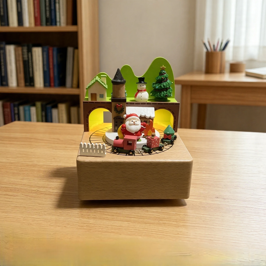Wood music box with voice-controlled lighting