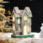 Illuminated wooden snow house in European style