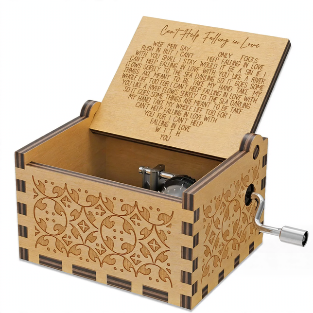 Hand-crank music box made of wood with laser engraving