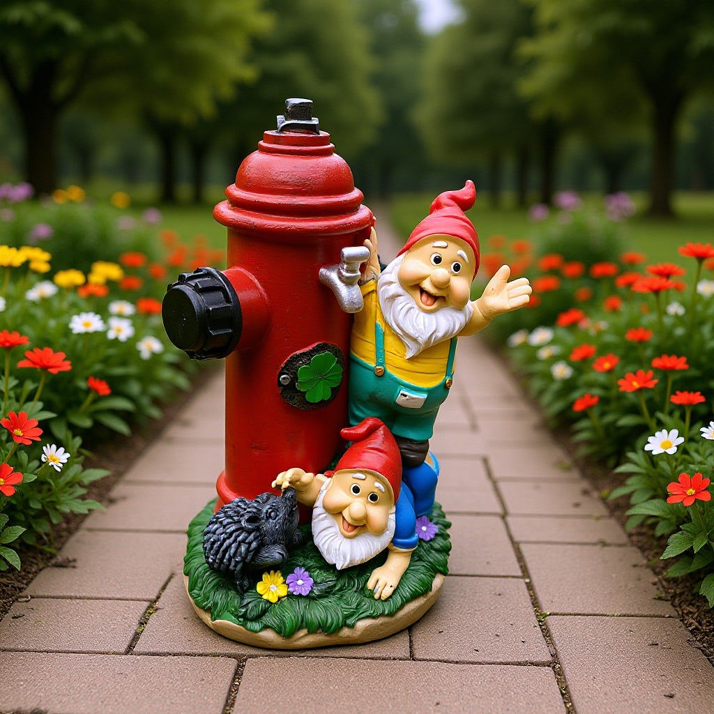 Gnome figure with red hat and hydrant motif