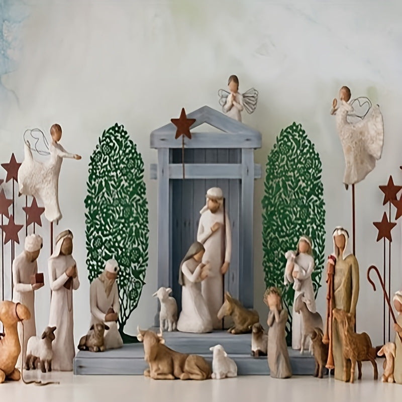 Christmas decoration set, metal stars and wooden plants