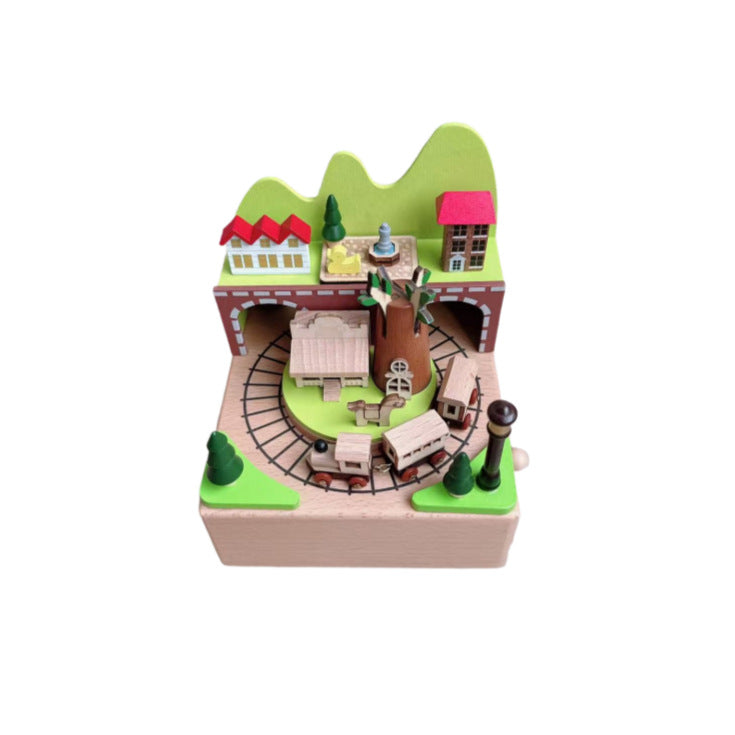 Manual music box made of beech wood with forest train motif