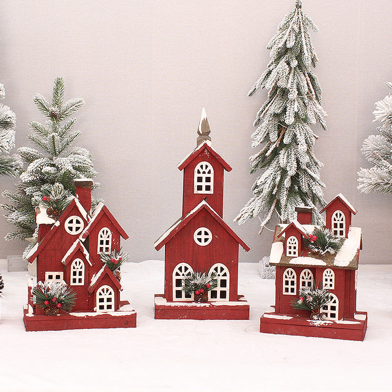 Illuminated red wooden house, Christmas decoration