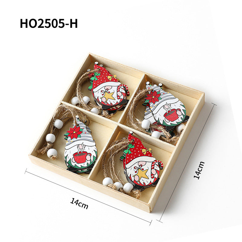 Christmas wooden pendant set, 4-piece box with gnome motifs