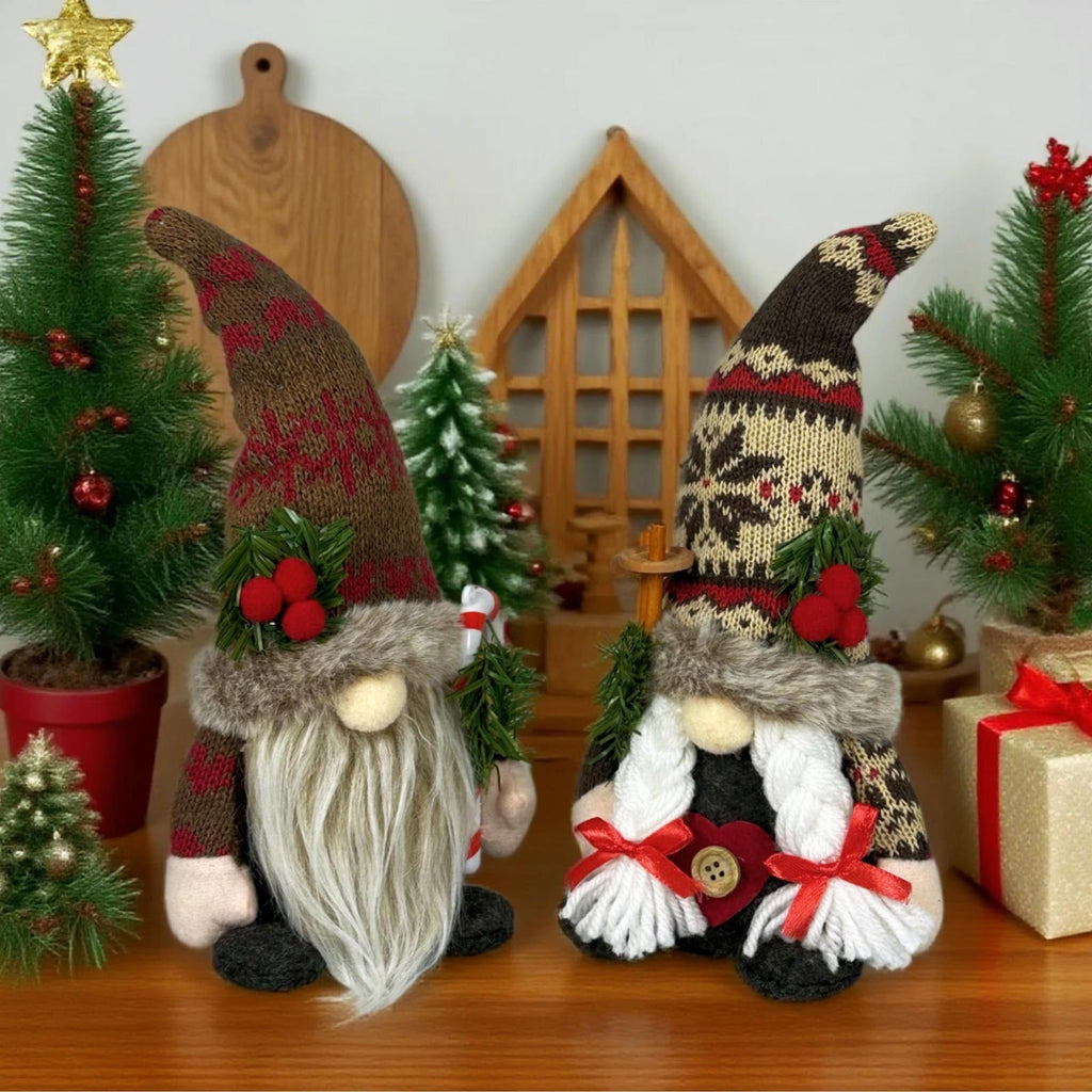 Christmas Elf Figurine with Knit Hat and Pine Branch