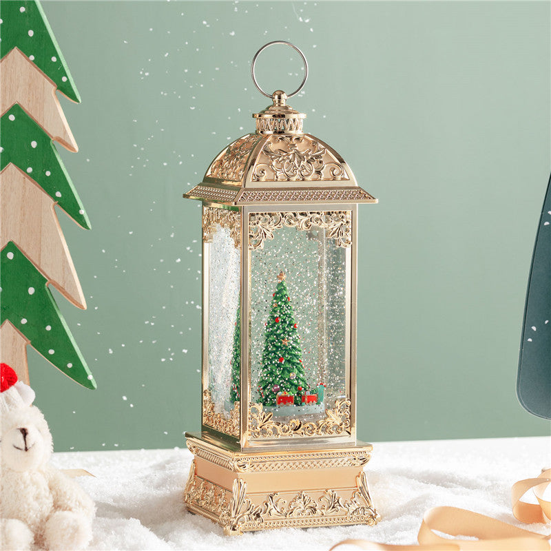 Retro music box with train motif and LED snow globe