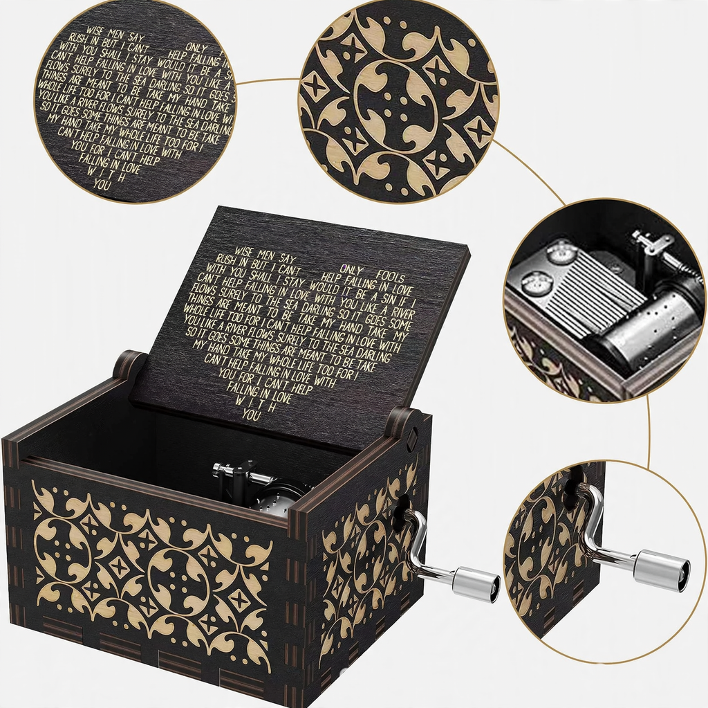 Hand-crank music box made of wood with laser engraving