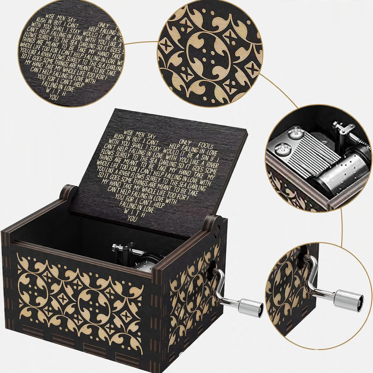 Hand-crank music box made of wood with laser engraving