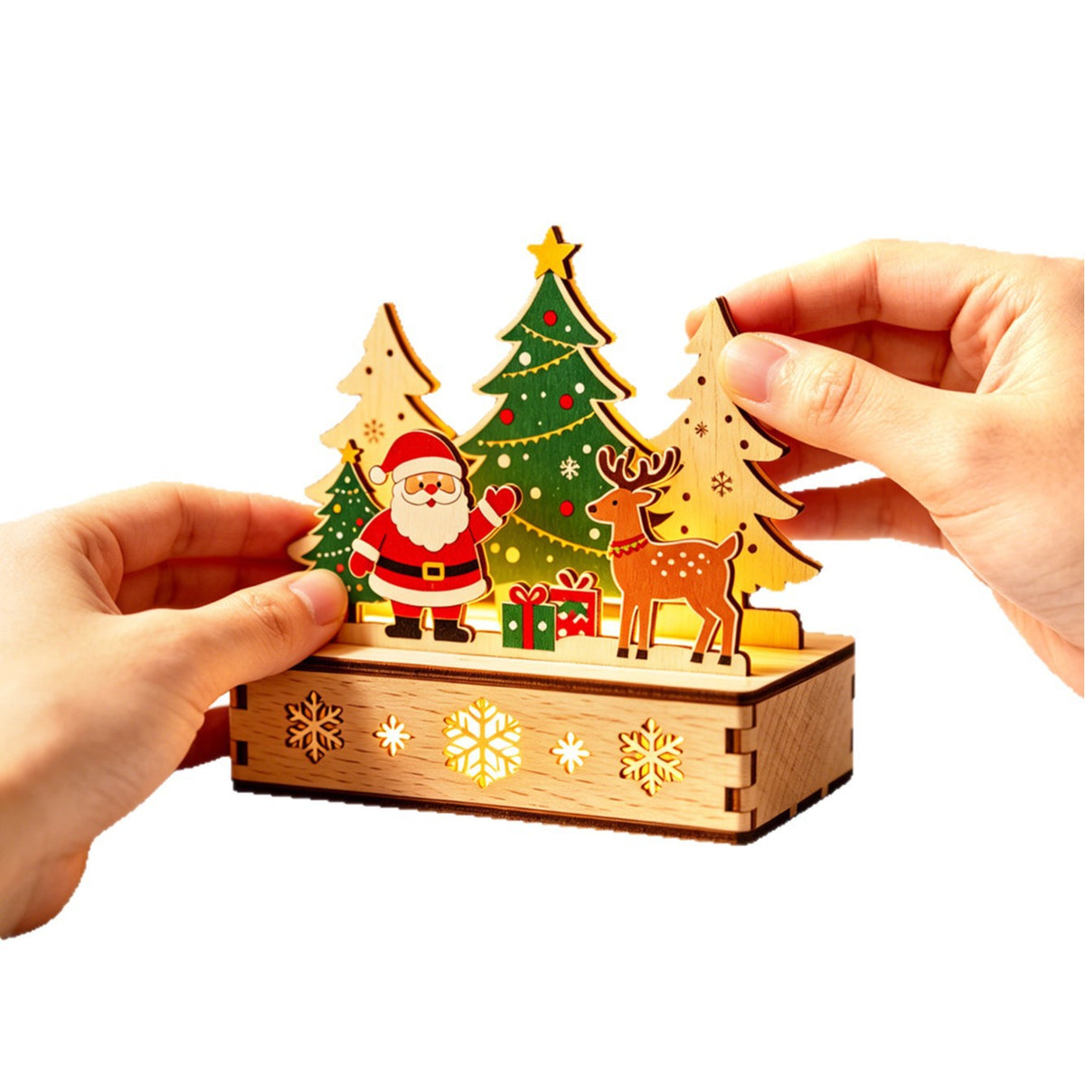 LED-illuminated wooden house, decorative table ornament