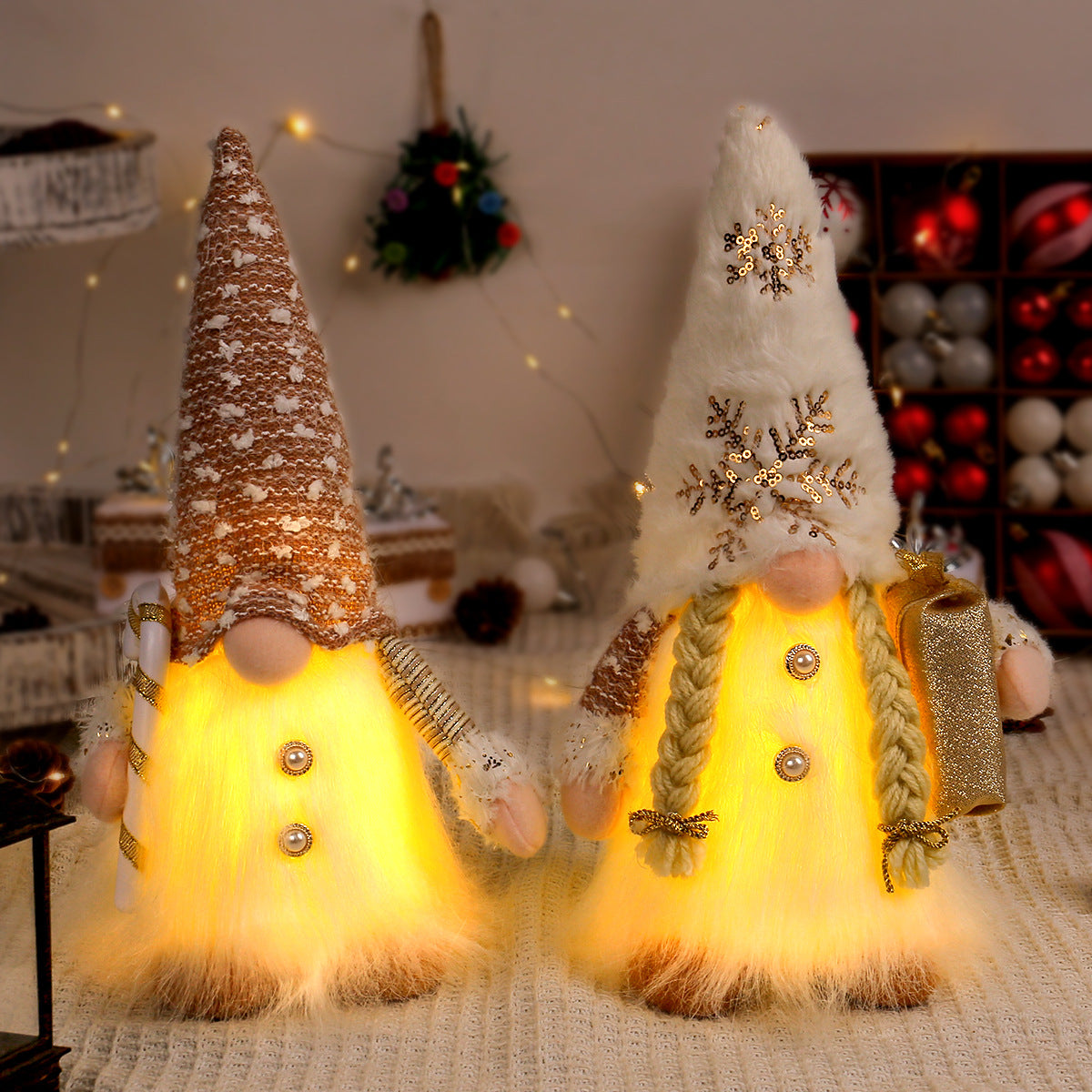 Illuminated Christmas elf figure with sequins and plush