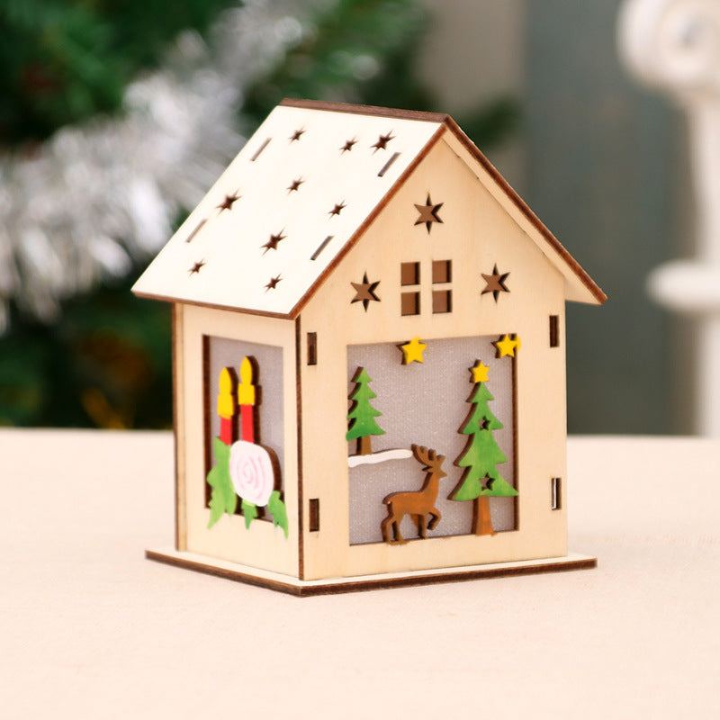 Illuminated wooden Christmas house, decorative