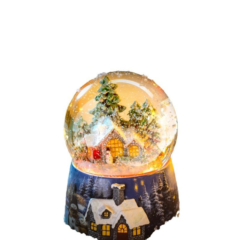 Musical snow globe music box with snow hut