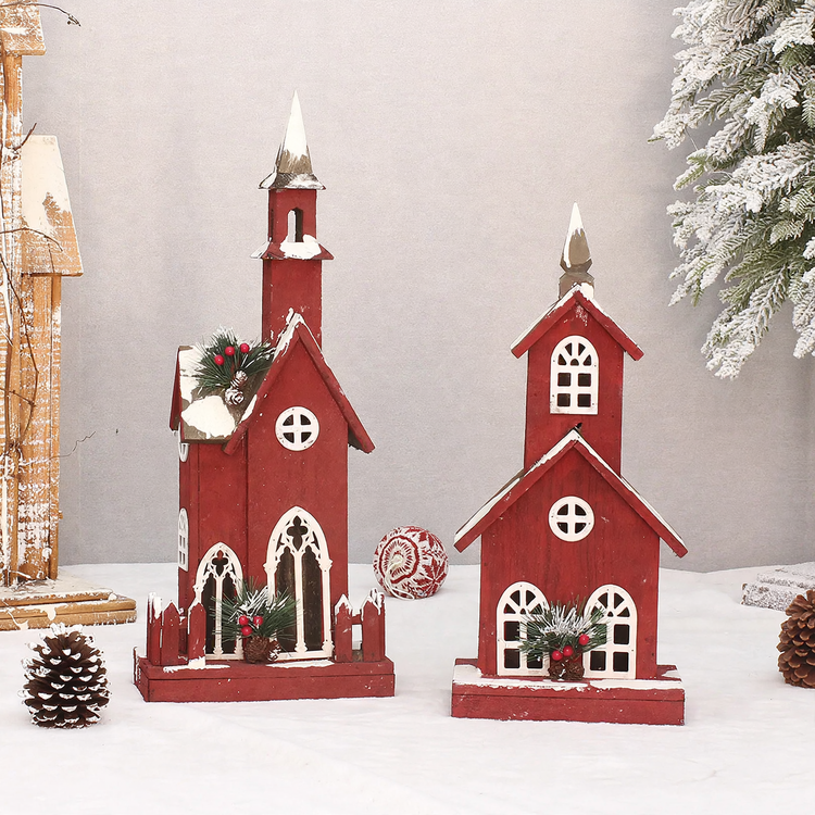 Illuminated red wooden house, Christmas decoration