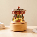 Wooden music box with lighting and wind-up mechanism