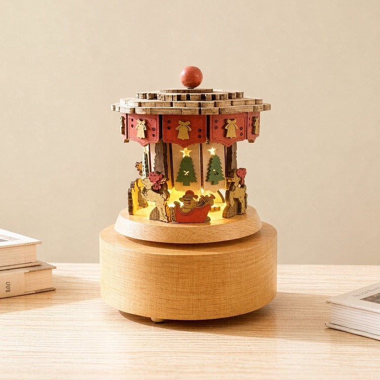 Wooden music box with lighting and wind-up mechanism