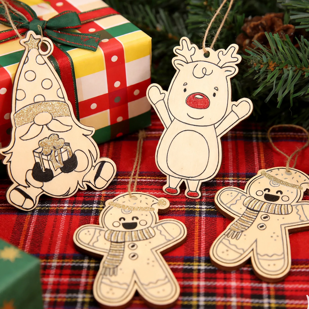 Christmas wooden pendant with reindeer and gnome motif