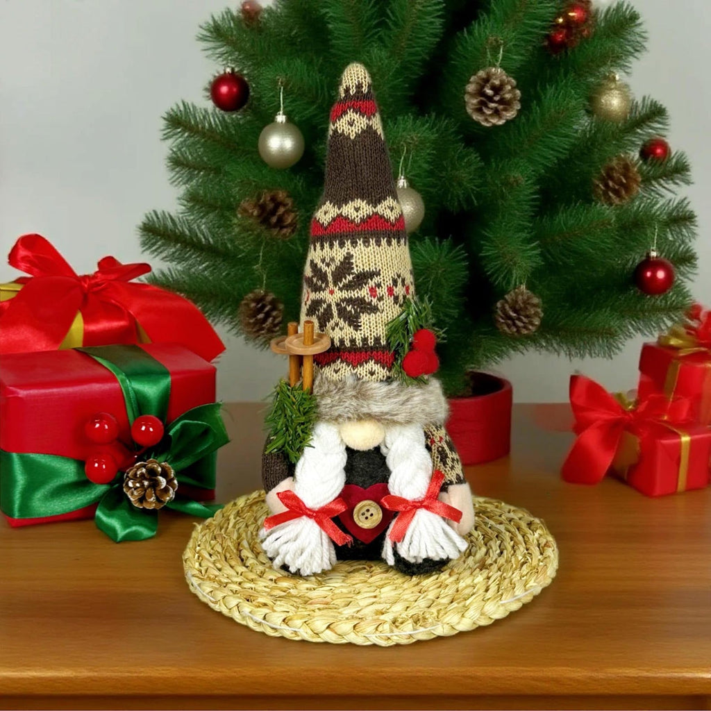Christmas Elf Figurine with Knit Hat and Pine Branch