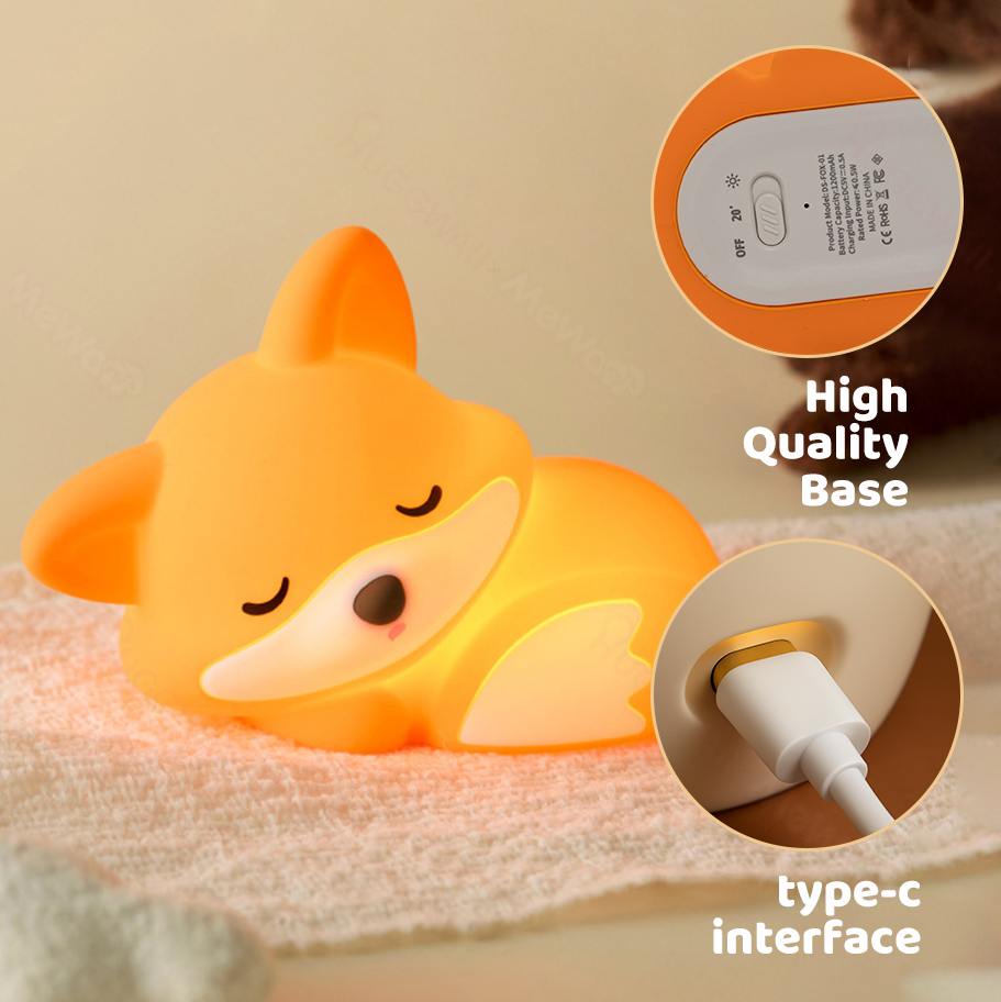 Satsus® Fox Night Light with Curled Tail Silicone Squishy Animal Design Lamp Perfect Gift