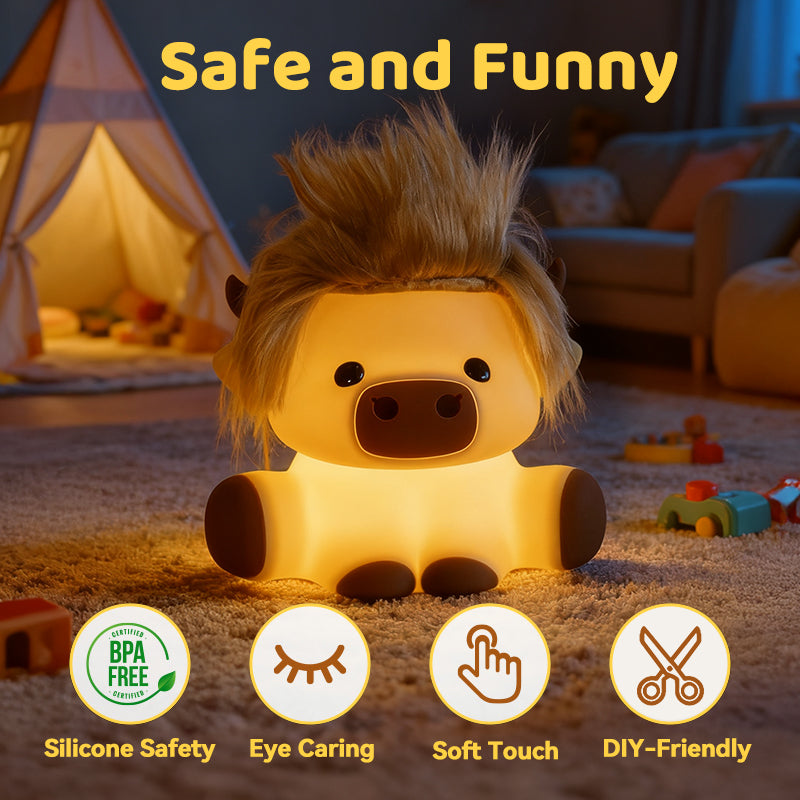 Satsus® Highland Cow with Hair Silicone Squishy LED Night Light - Perfect Gift for Kids and Girls