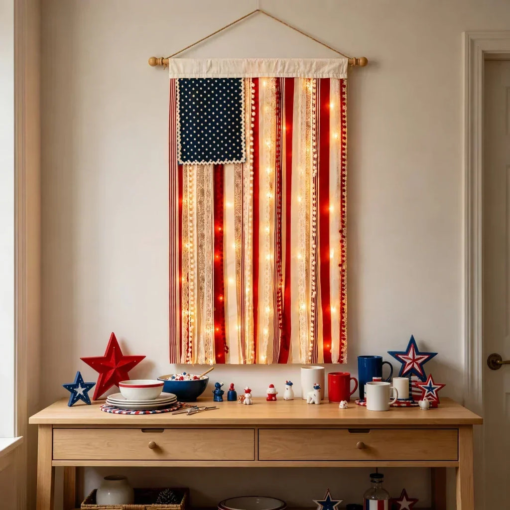 4 x 2.3 Ft Lighted Rag American Flag Banner -  USA 250th Celebration