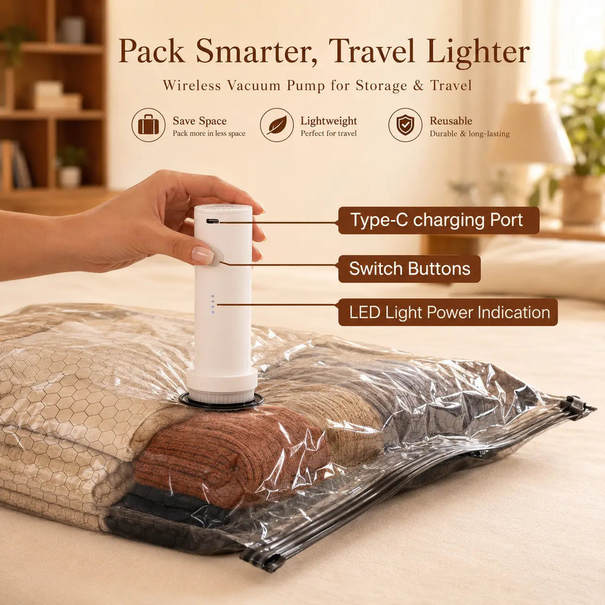 Vacuum Compression Bag — Space Saving, Reusable, Travel, Storage, Closet, Home