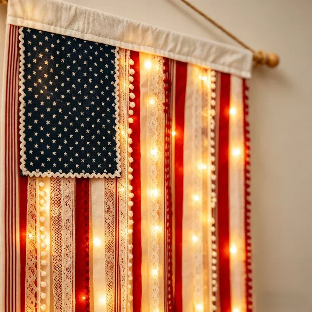 4 x 2.3 Ft Lighted Rag American Flag Banner -  USA 250th Celebration