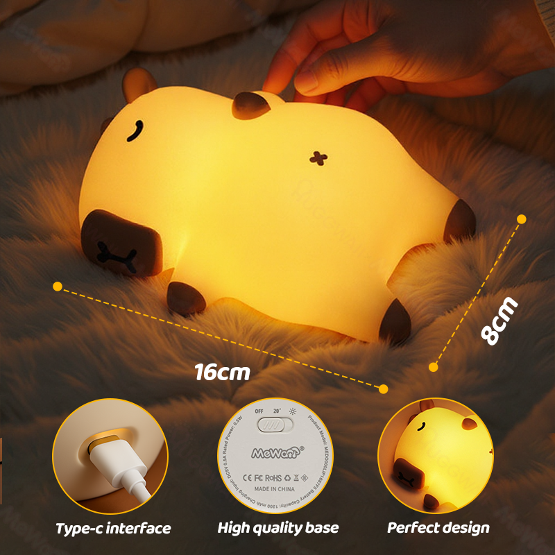 Satsus® Sleeping Capybara Breathing Squishy Silicone Companion Sound LED Night Light Perfect Gift