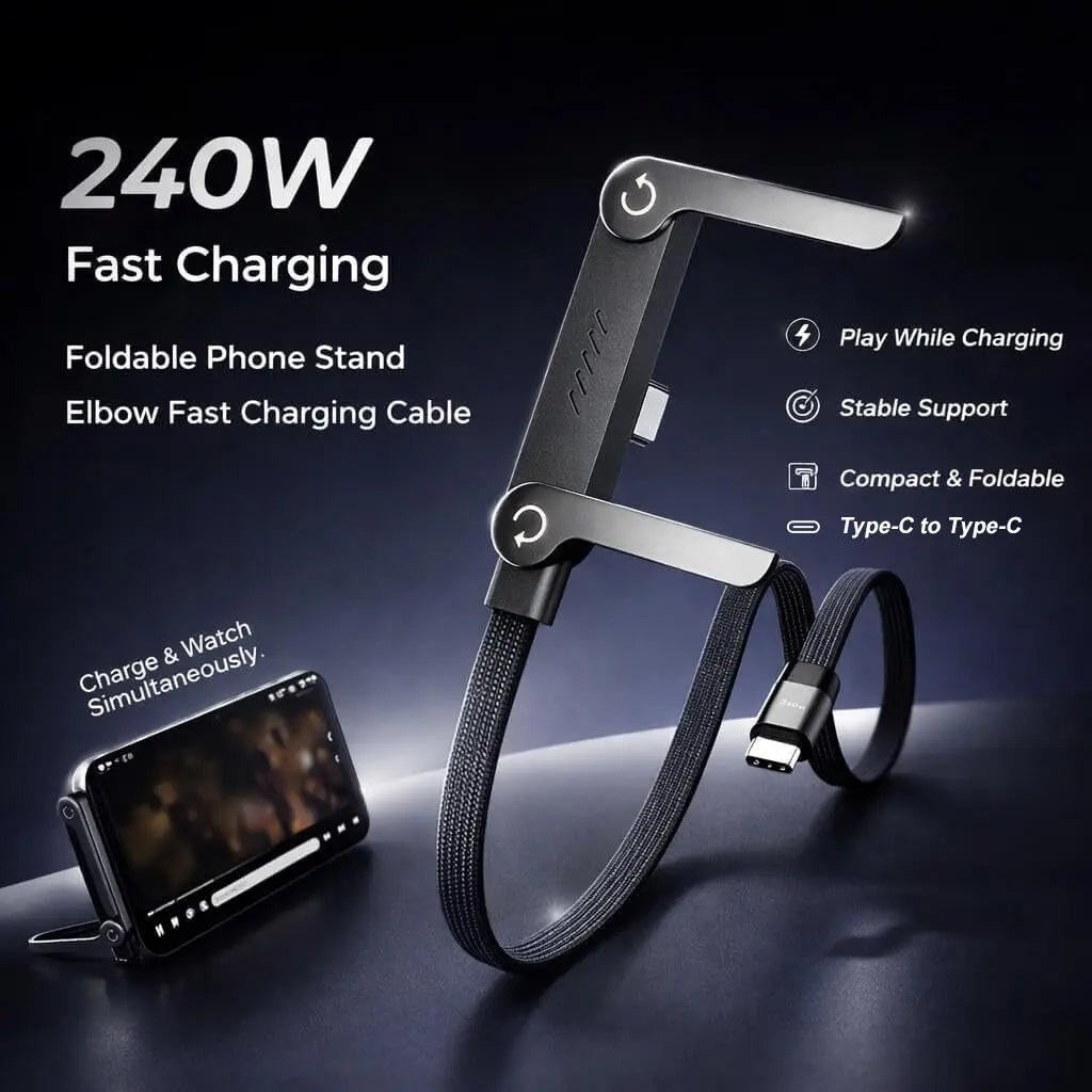 USB-C Cable — 240W Fast Charging, Built-In Stand, Braided, Durable, Power Delivery, Black