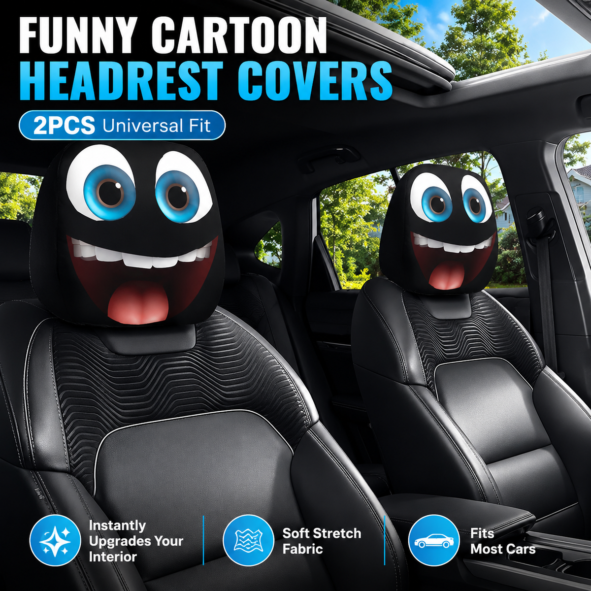 Funny Cartoon Car Headrest Covers – 2PCS Universal Fit