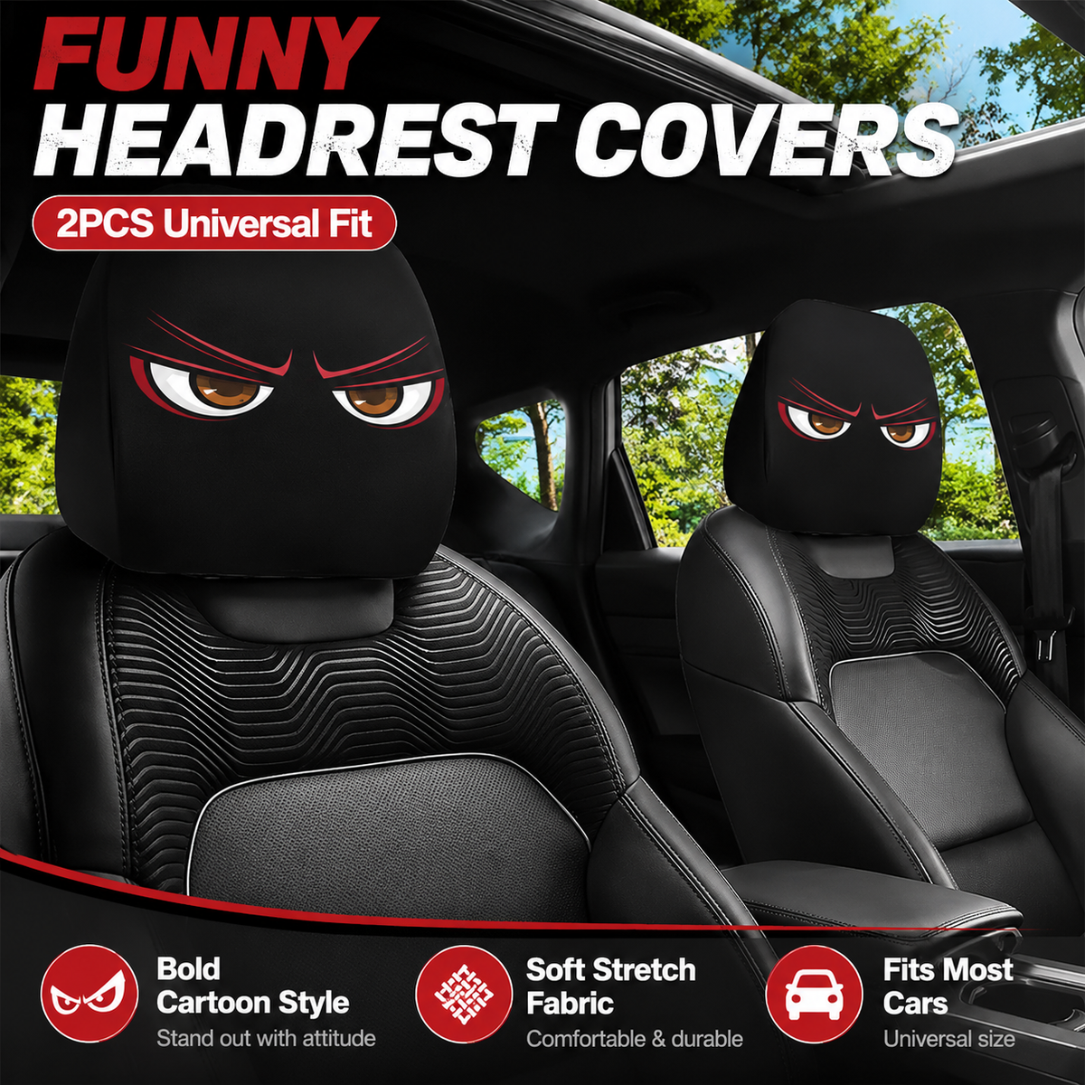 Funny Cartoon Car Headrest Covers – 2PCS Universal Fit