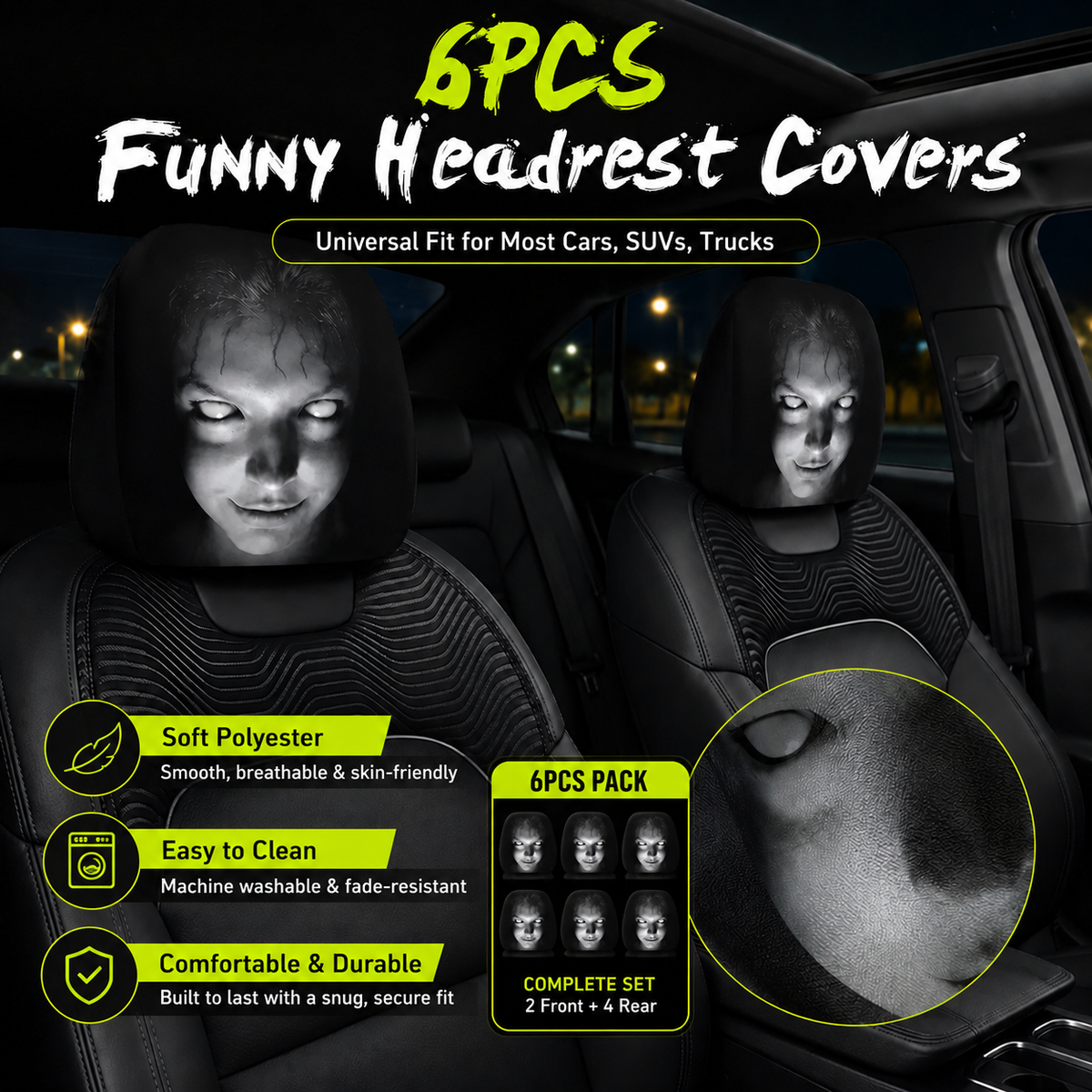 Funny Cartoon Car Headrest Covers – 2PCS Universal Fit