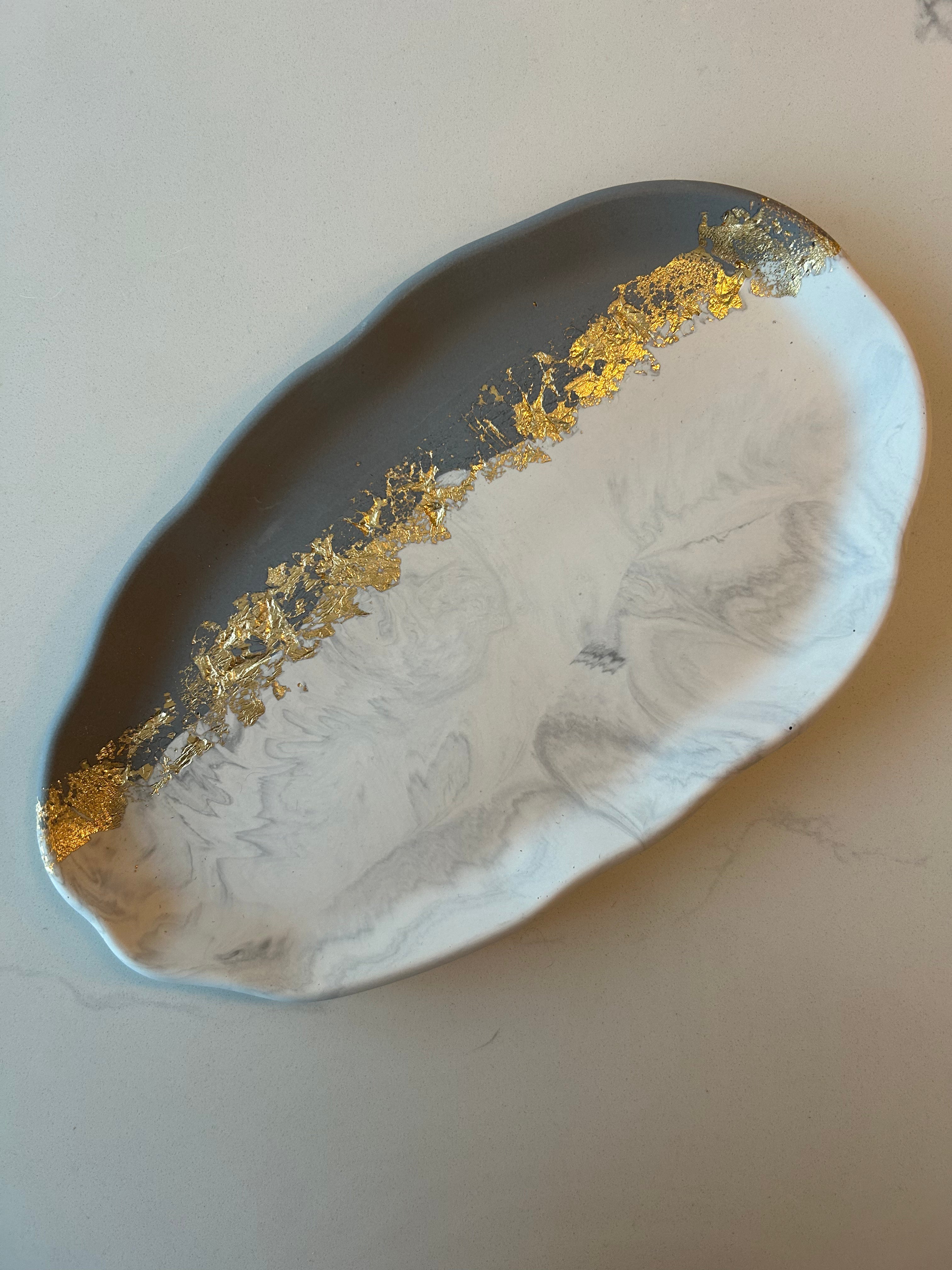 Grey Marble & Gold Leaf Organic Jesmonite Tray
