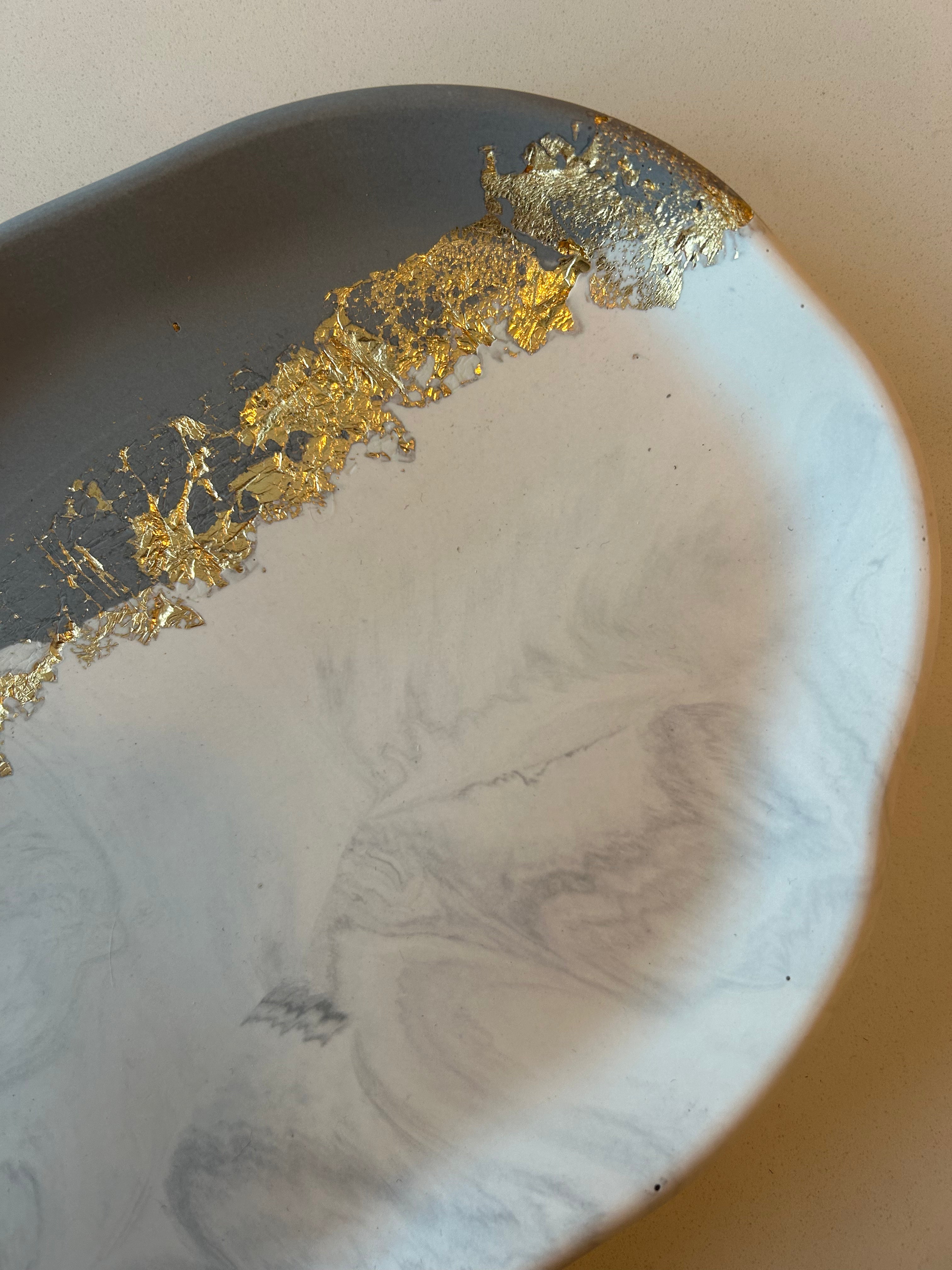 Grey Marble & Gold Leaf Organic Jesmonite Tray