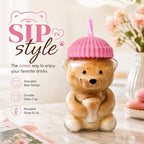 Bear-Shaped Glass Tumbler with Plush Hat