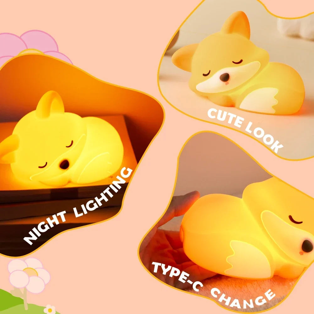 Satsus® Fox Night Light with Curled Tail Silicone Squishy Animal Design Lamp Perfect Gift