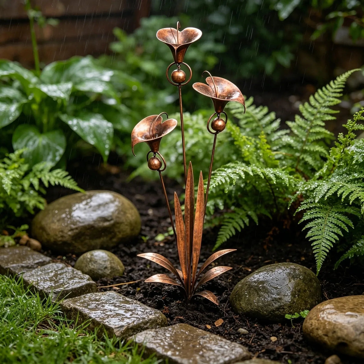 Flamed Copper Three Calla Lilies Garden Stake with Bells