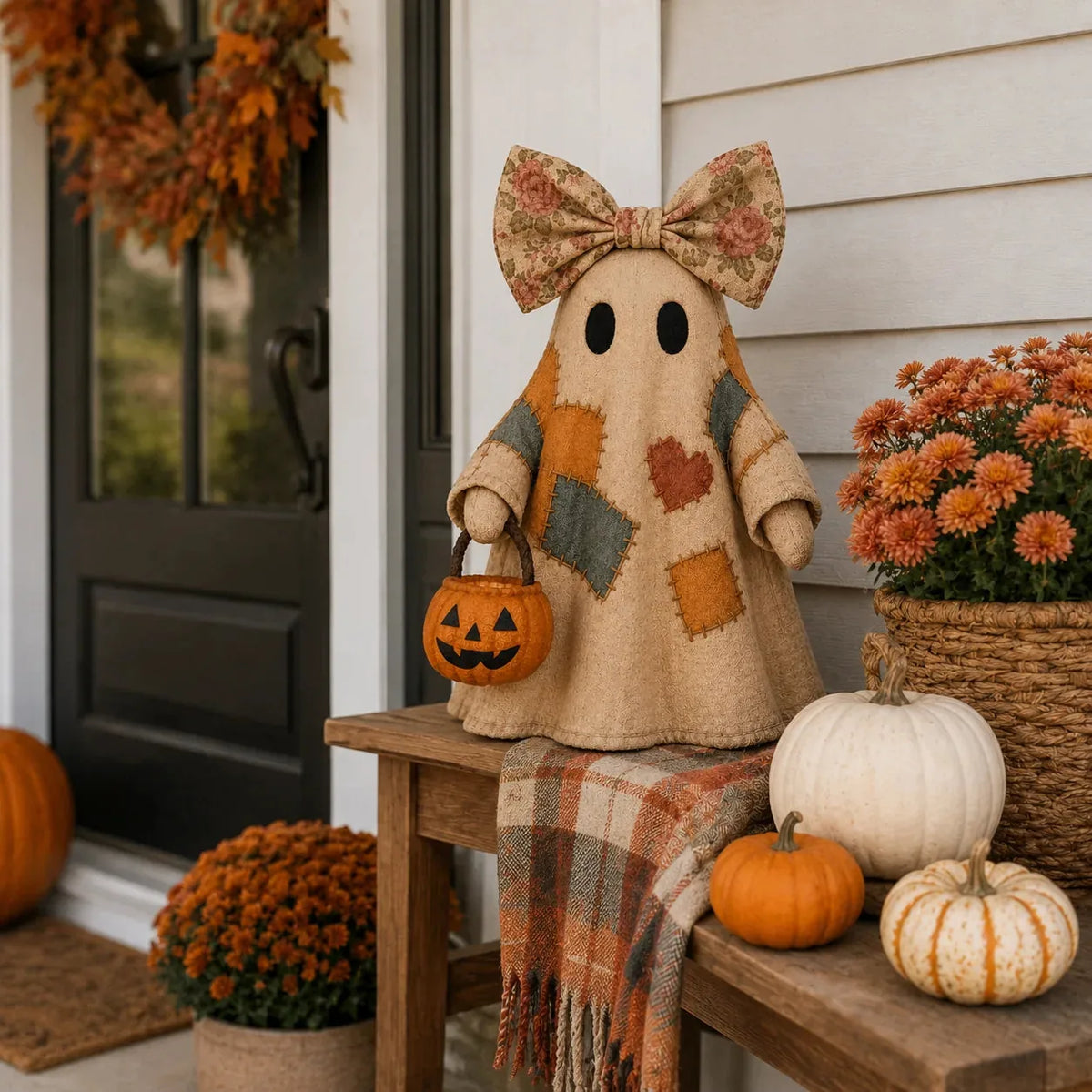 Vintage Patchwork Ghost Decor( LED Pumpkin Lantern)