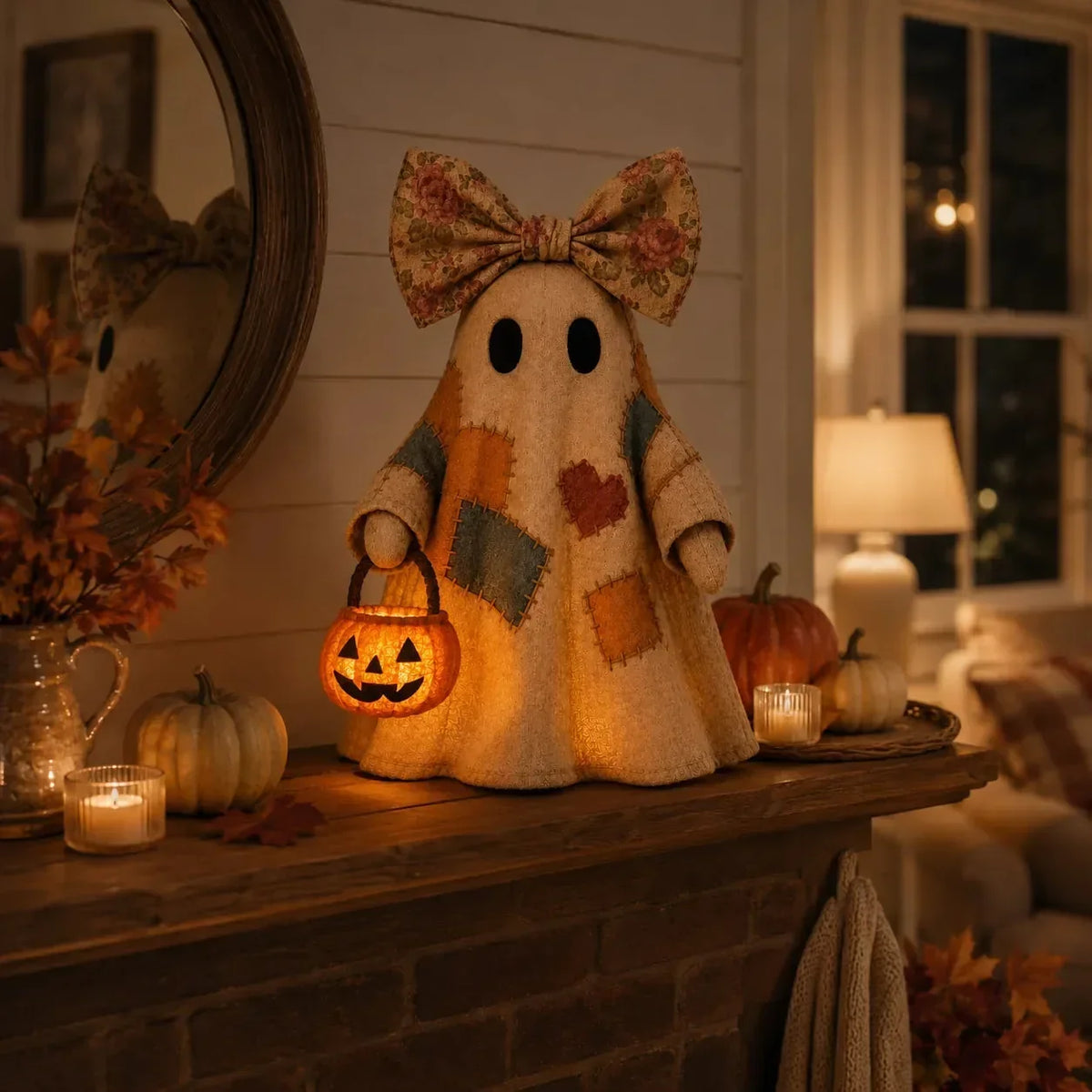Vintage Patchwork Ghost Decor( LED Pumpkin Lantern)