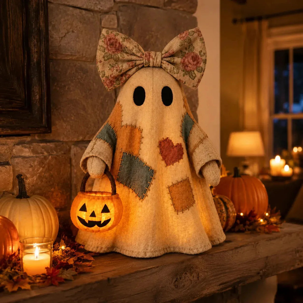 Vintage Patchwork Ghost Decor( LED Pumpkin Lantern)