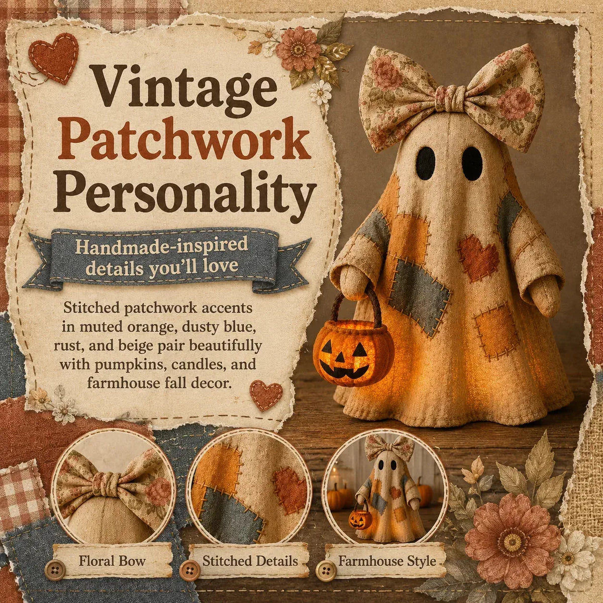 Vintage Patchwork Ghost Decor( LED Pumpkin Lantern)