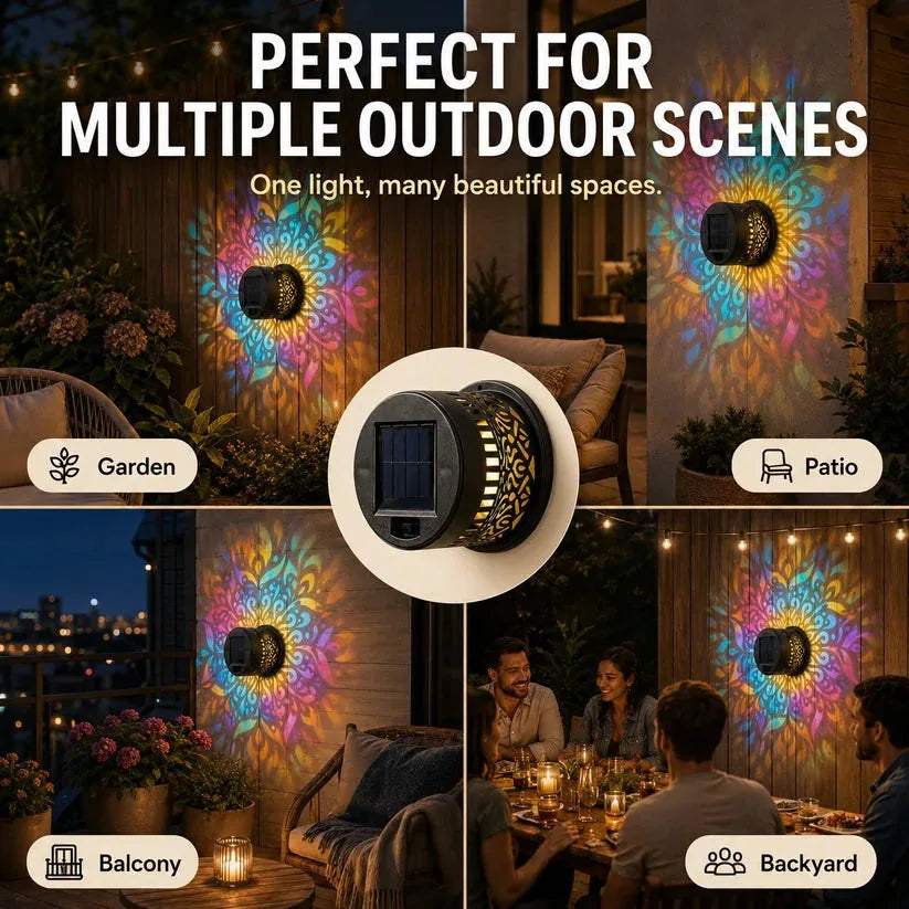 2 PCS Solar Mandala Wall Light  – Waterproof Outdoor Garden Fence Projector Lamp with Magical Ambient Glow-8CR5