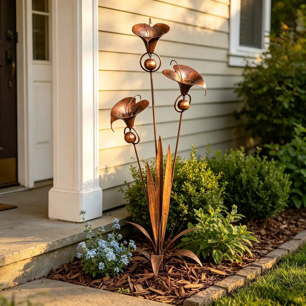 Flamed Copper Three Calla Lilies Garden Stake with Bells